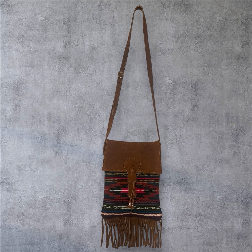 Wool And Leather Crossbody Blanket Shoulder Bag Aztec Southwestern Fringe Boho - Picture 4 of 8